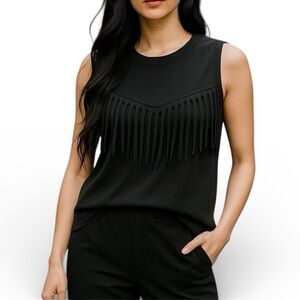 NEW Michael Stars Bamboo Fringe Sleeveless Tank in Black OS
